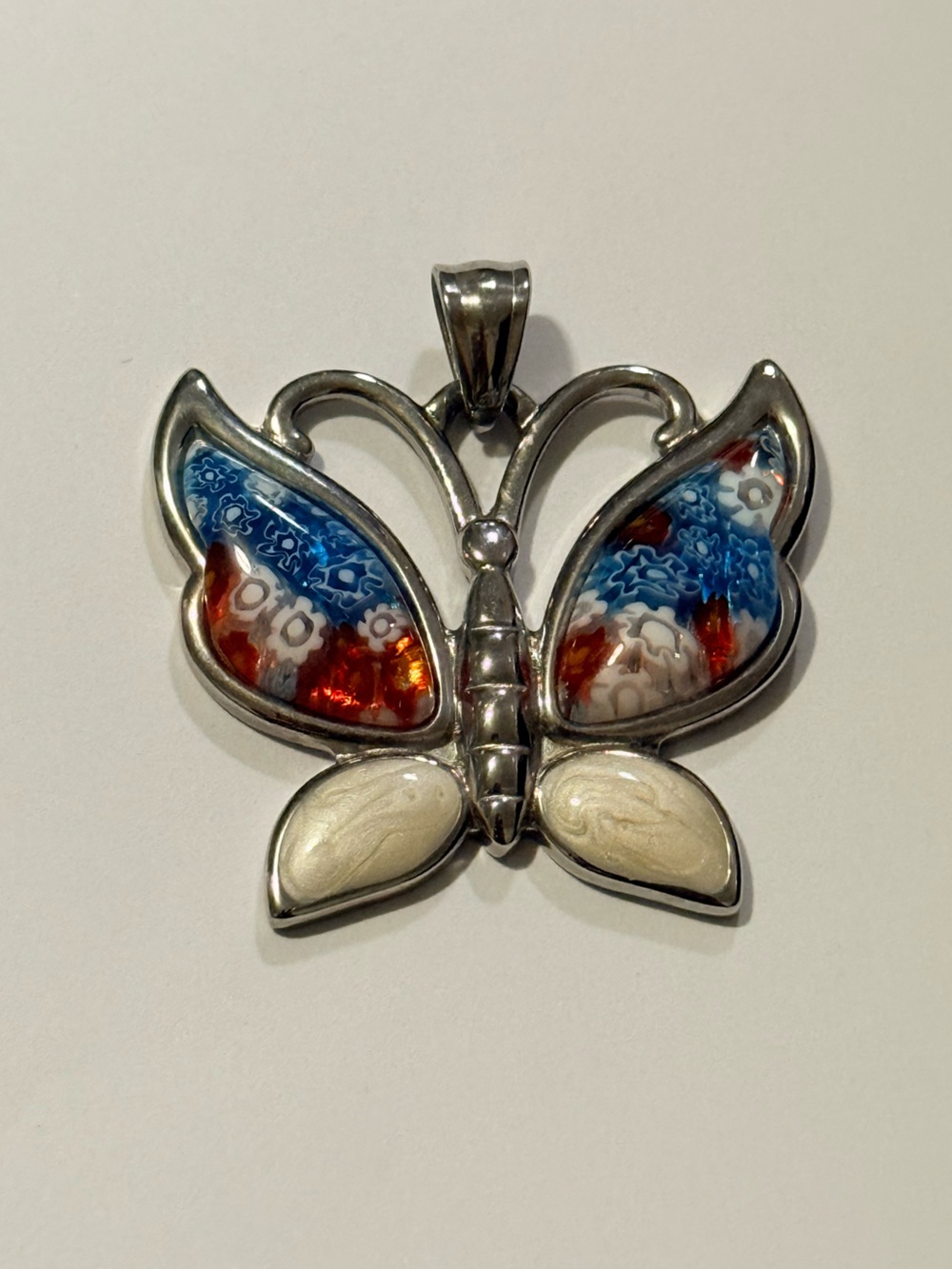 Karis Sterling Butterfly Pendant with Blue, Red & Cream Millefiori Inlay